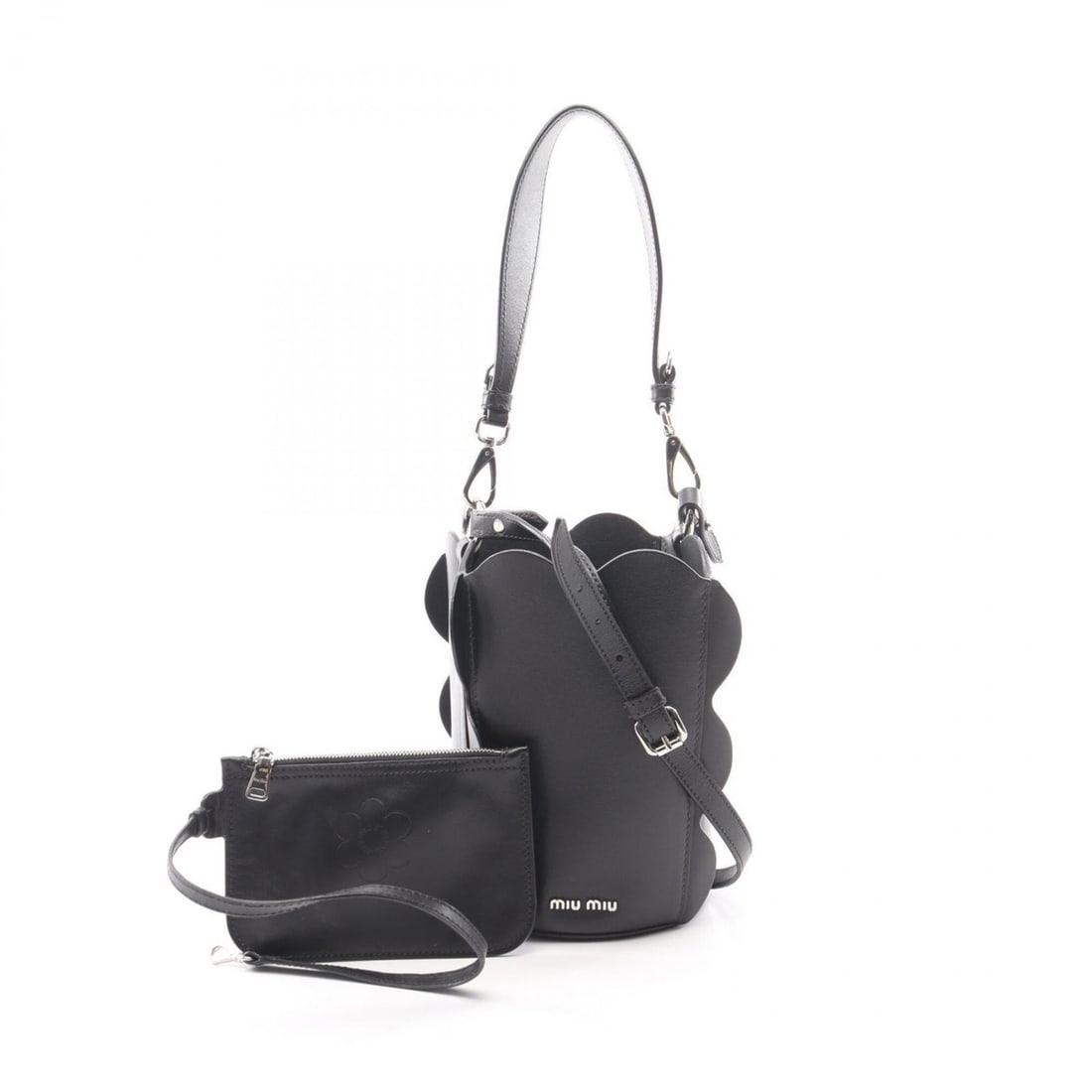 Miu Miu Miu Scalloped Bucket Bag 2-Way Handbag Leather Women's Black (1 of 9)