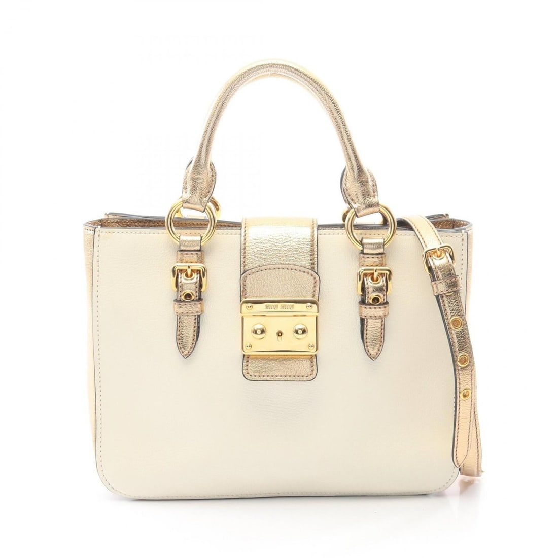 Miu Miu Miu Madras 2-Way Handbag, Leather, Women's, White/Gold Tone: --- Catalog ---Category: SizeSize (HxWxD): 21cm x 27.5cm x 7cm / 8.26'' x 10.82'' x 2.75''Category: DesignType: HandbagColor: Gold, WhiteGender: WomenMaterial: Leather Category: GeneralBrand: Miu Miu-