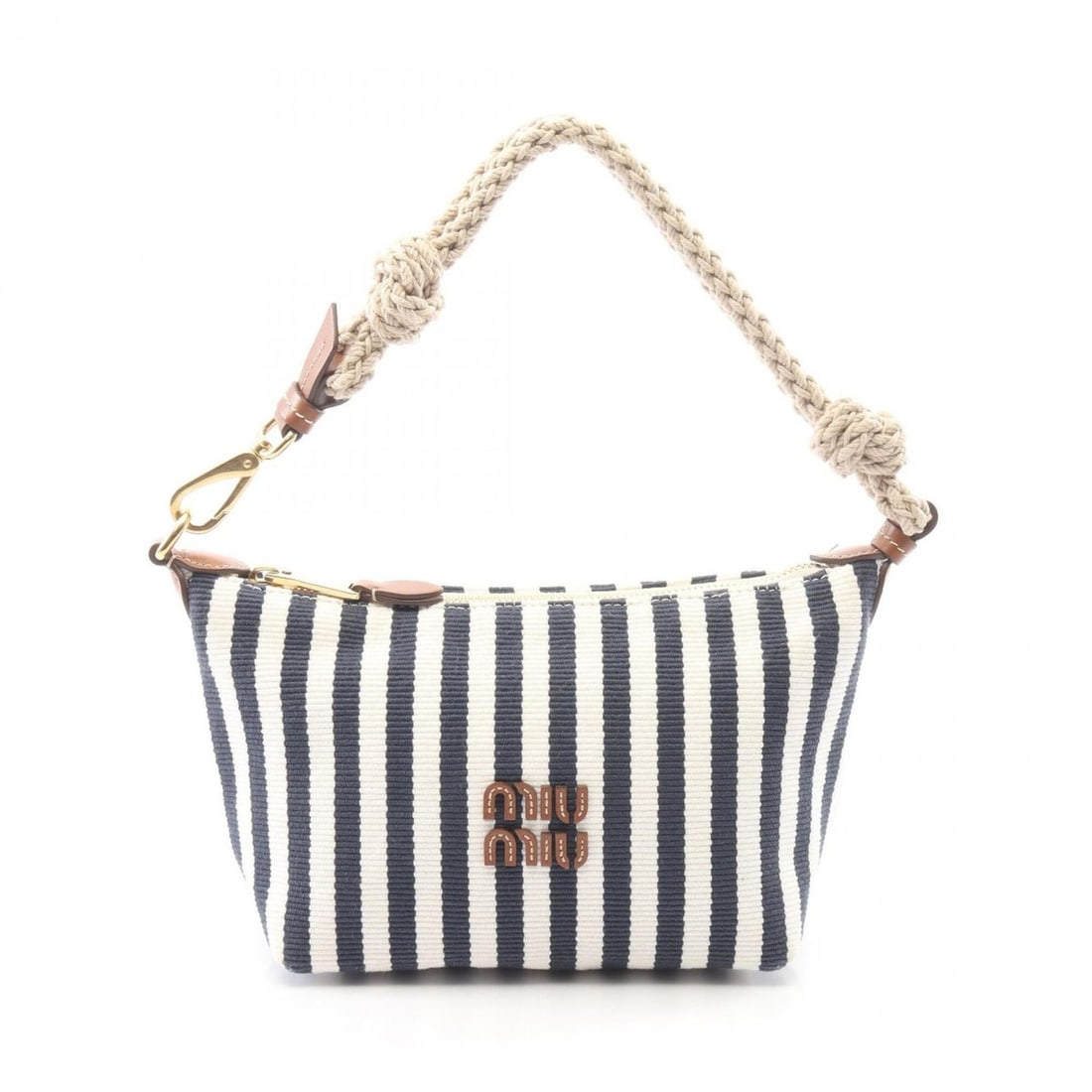 Miu Miu Miu CANNETTE’ RIGHE Striped Handbag, Canvas and Leather, Women's, White, Navy, Brown, (1 of 8)
