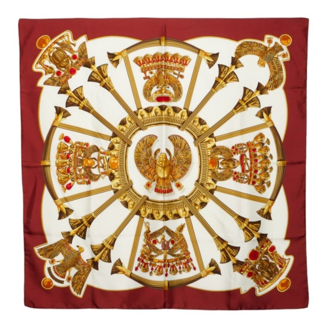Hermes Carre 90 Caty Ancient Egyptian Scarab Pattern Scarf Muffler Large Size Wine Red/Ivory/Gold: --- Catalog ---Category: SizeSize (LxW): 89cm x 89cm / 35.03'' x 35.03''Category: DesignType: ScarfColor: Ivory, Red colorGender: WomenMaterial: Silk Category: GeneralBrand: Hermes--- Item List ---Sec