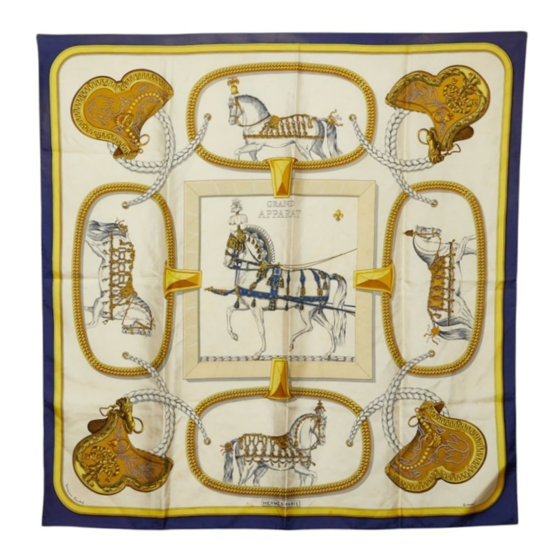 Hermes Carre 90 GRAND APPARAT Horse in Grand Attire Scarf/Muffler, Large Size, Navy/Ivory Tones,: --- Catalog ---Category: SizeSize (LxW): 89cm x 88cm / 35.03'' x 34.64''Category: DesignType: ScarfColor: Ivory, NavyGender: WomenMaterial: Silk Category: GeneralBrand: Hermes--- Item List ---Section: