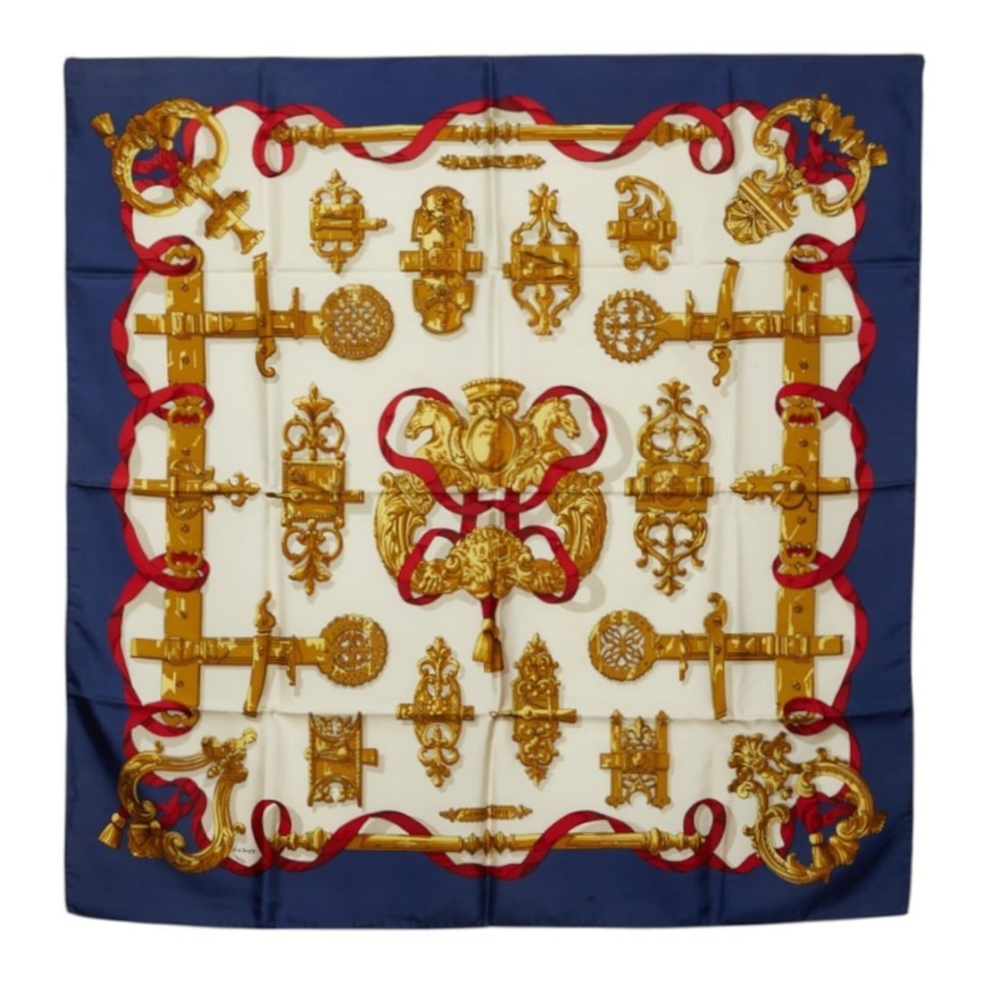 Hermes Carre 90 Ferronnerie Ironwork Scarf/Muffler, Large Size, Navy, Ivory, Multicolor, Silk,: --- Catalog ---Category: SizeSize (LxW): 89cm x 88cm / 35.03'' x 34.64''Category: DesignType: ScarfColor: Ivory, Multi-color, NavyGender: WomenMaterial: Silk Category: GeneralBrand: Hermes--- Item Lis