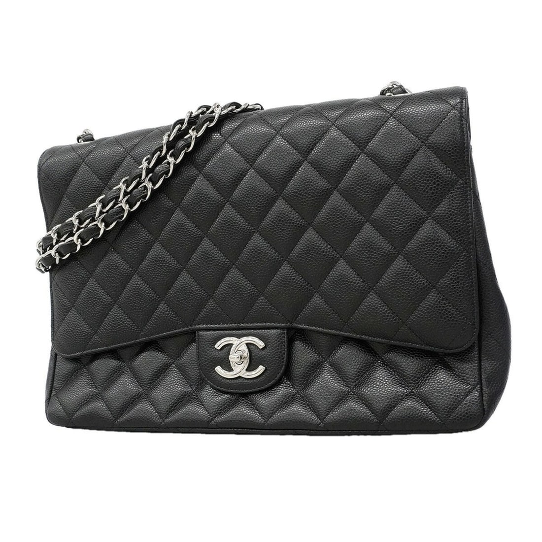 Chanel Shoulder Bag, Large Matelassé, Double Flap, Chain, Caviar Leather, Black, Women's: --- Catalog ---Category: SizeSize (HxWxD): 23cm x 34.5cm x 10cm / 9.05'' x 13.58'' x 3.93''Category: DesignType: Shoulder bagColor: BlackGender: WomenMaterial: Grained Calfskin Hardware Color: SilverC