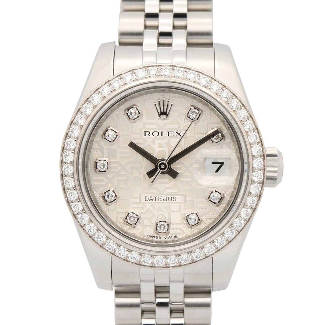 Rolex Datejust Diamond Bezel 10P Random Serial Number Watch 18KWG (White Gold) Stainless Steel: --- Catalog ---Category: SizeWrist Size: 16cm / 6.29''Case Diameter: 26mm / 1.02''Category: DesignType: WristwatchGender: WomenColor (Dial): SilverMaterial (Band): Stainless steel, White gold (18K)Mat