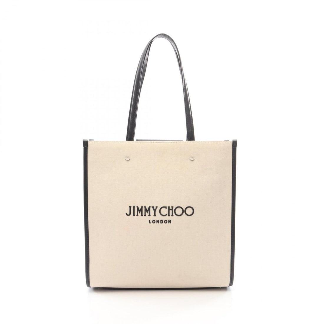 Jimmy Choo logo tote bag/handbag, canvas and leather, women's, ivory/black.: --- Catalog ---Category: SizeSize (HxWxD): 32cm x 31cm x 8cm / 12.59'' x 12.2'' x 3.14''Category: DesignType: Handbag, Tote bagColor: Black, IvoryGender: WomenMaterial: Canvas , Leather Category: Gene