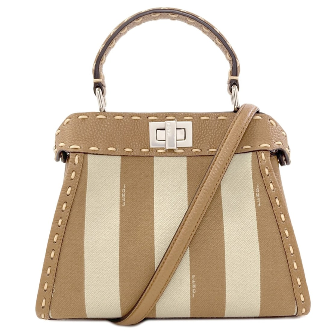 Fendi Peekaboo Mini Selleria Pecan Stripe 2-Way Handbag Canvas Women's FENDI: --- Catalog ---Category: SizeSize (HxWxD): 19cm x 20cm x 9cm / 7.48'' x 7.87'' x 3.54''Category: DesignType: HandbagColor: BrownGender: WomenMaterial: Canvas Category: GeneralBrand: Fendi--- Item List