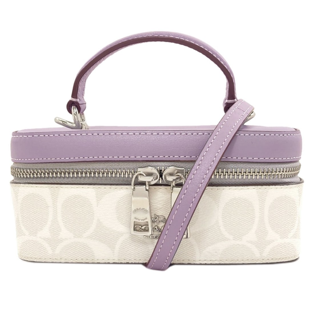 Coach CJ522 Train Case 2-Way Handbag PVC/Leather Women's COACH: --- Catalog ---Category: SizeSize (HxWxD): 8cm x 17.5cm x 10cm / 3.14'' x 6.88'' x 3.93''Strap Length: 109cm - 127cm / 42.91'' - 49.99''Handle Length: 18cm / 7.08''Category: DesignType: HandbagColor: 