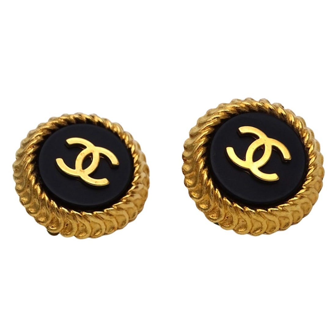 Chanel earrings for women, brand name, metal, round, gold, black, with Coco Mark logo.: --- Catalog ---Category: SizeStone Size (HxW): 20.30mm x 20.30mm / 0.80'' x 0.80''Category: DesignColor: Black, GoldGender: WomenMaterial: MetalCategory: GeneralBrand: ChanelCountry of Origin: France-