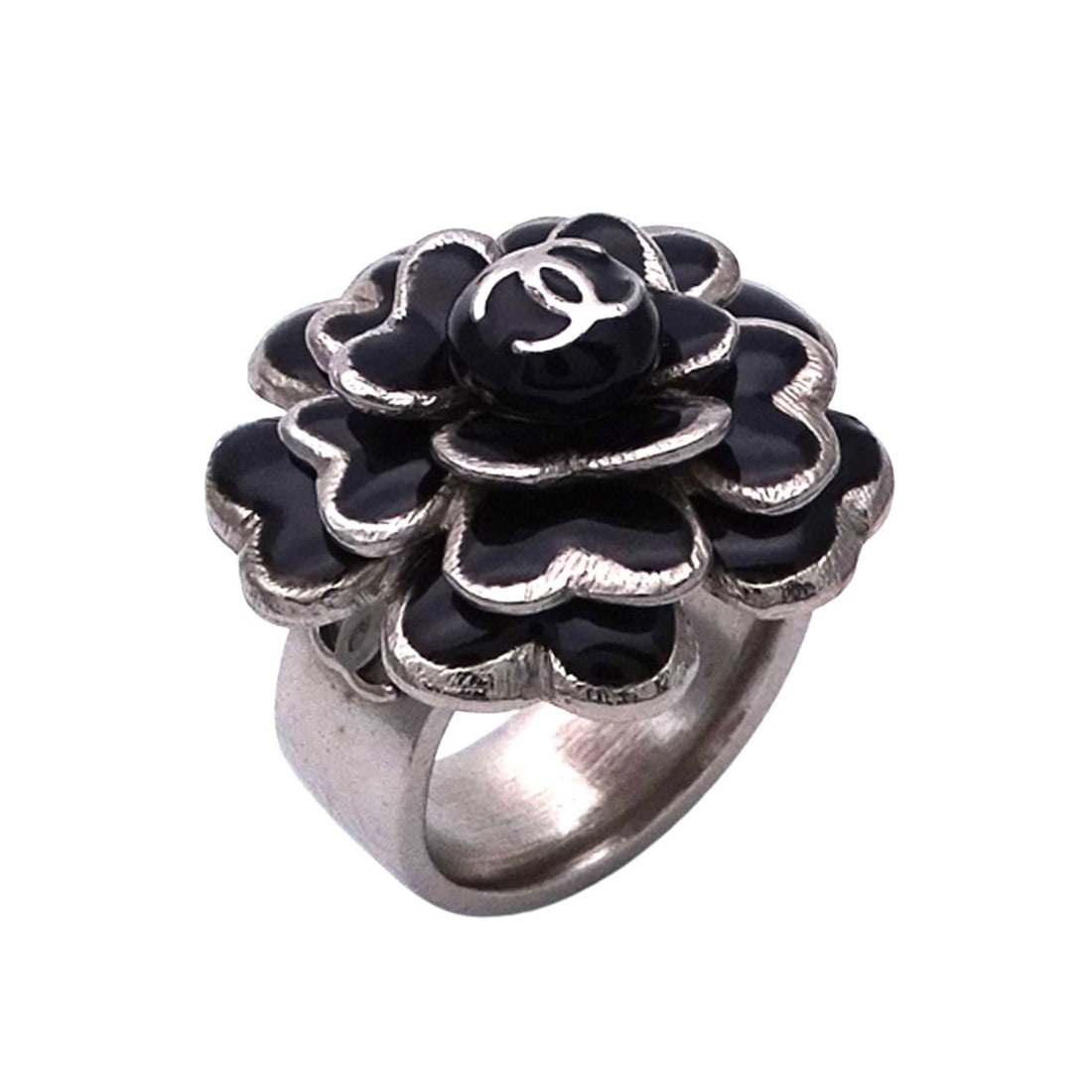 Chanel ring, Camellia design, Coco Mark, women's, brand silver, black, approximately 1cm, flower: --- Catalog ---Category: SizeJP Size: 13US Size: 6.5Category: DesignColor: Black, SilverStyle: ElegantGender: WomenCategory: GeneralBrand: ChanelCountry of Origin: France--- Item List ---Section: Cond
