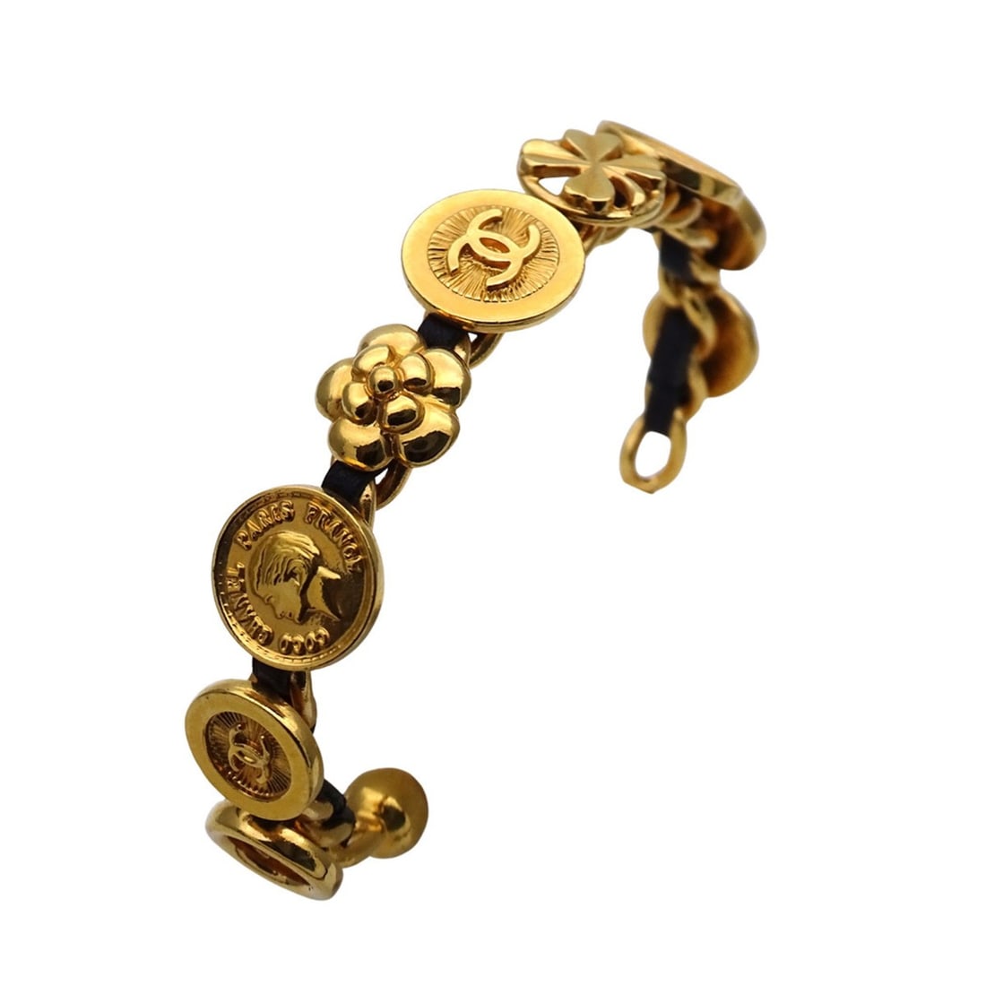 Chanel Bangle for Women - Brand Icon Gold and Black Camellia Coco Mark Flower: --- Catalog ---Category: SizeLength: 16cm / 6.29''Category: DesignType: BangleColor: Black, GoldGender: WomenCategory: GeneralBrand: ChanelCountry of Origin: France--- Item List ---Section: ConditionR