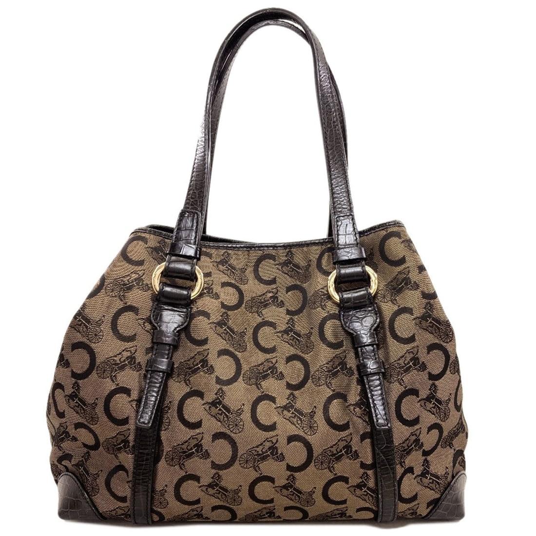 Celine C Sulky Canvas Handbag for Women: --- Catalog ---Category: SizeSize (HxWxD): 26cm x 34cm x 14cm / 10.23'' x 13.38'' x 5.51''Handle Length: 44cm / 17.32''Category: DesignType: HandbagColor: Black, BrownGender: WomenClosure: MagnetMater