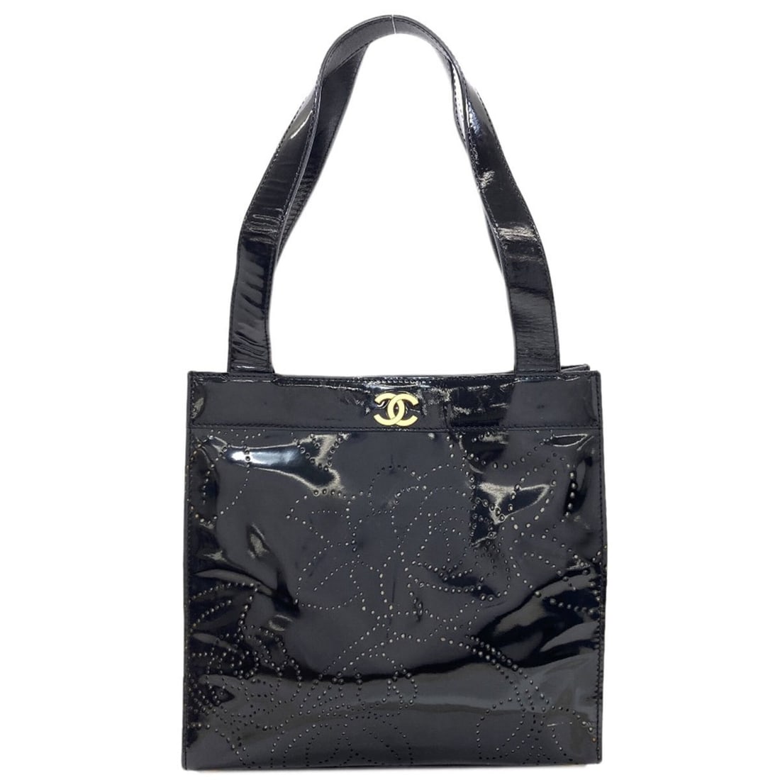 Chanel Camellia Perforated Gold Hardware Handbag, Enamel, Women's CHANEL: --- Catalog ---Category: SizeSize (HxWxD): 23cm x 24cm x 10cm / 9.05'' x 9.44'' x 3.93''Handle Length: 46cm / 18.11''Category: DesignType: HandbagColor: BlackGender: WomenClosure: MagnetInner Pocket: 