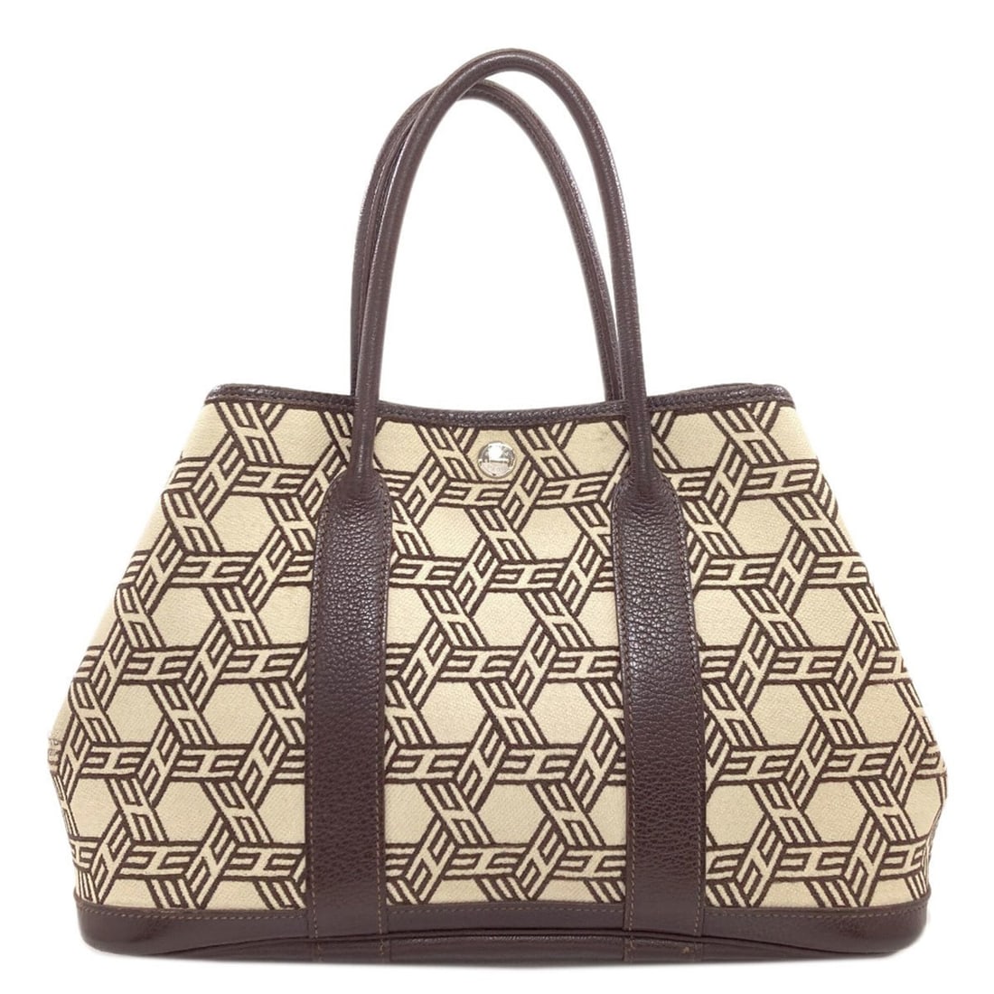 Hermes Garden Party TPM Silver Hardware Handbag Toile Soie H Women's HERMES: --- Catalog ---Category: SizeSize (HxWxD): 20.5cm x 30cm x 13cm / 8.07'' x 11.81'' x 5.11''Handle Length: 26cm / 10.23''Category: DesignType: HandbagColor: BrownGender: WomenClosure: Snap fastenerMate