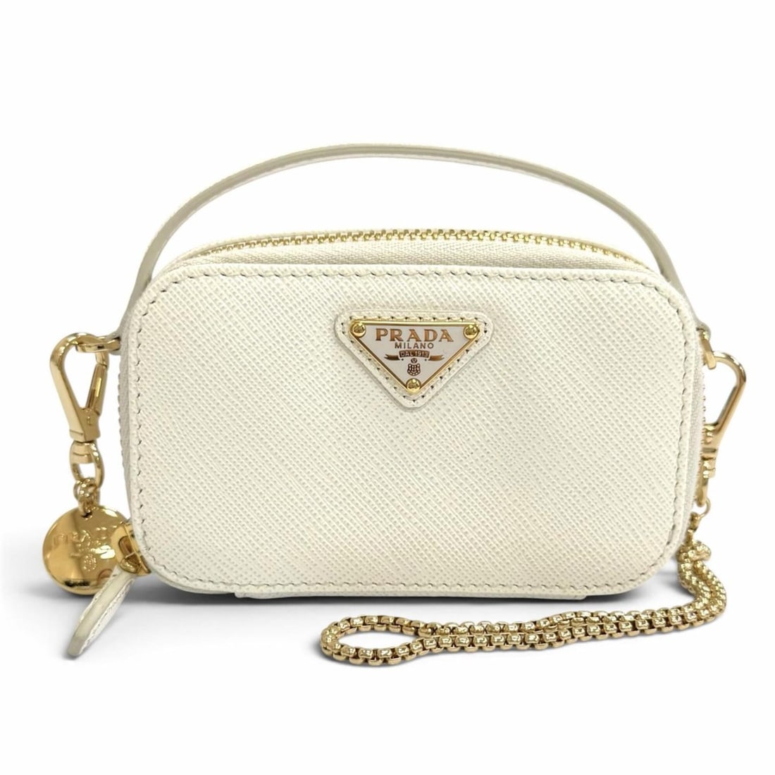 PRADA 1NR025 Triangle Logo Saffiano Leather Mini Pouch with Chain Shoulder Strap, White, Gold (1 of 15)