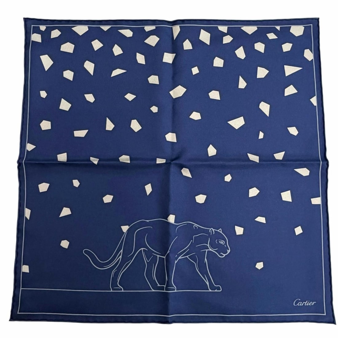 Cartier 100% Silk Panthère Novelty Scarf/Muffler/Handkerchief, Navy, Women's/Men's, Made in France,: --- Catalog ---Category: SizeSize (LxW): 42cm x 42cm / 16.53'' x 16.53''Category: DesignType: ScarfColor: NavyGender: Men,WomenMaterial: Silk Category: GeneralBrand: CartierCountry of Origin: France--