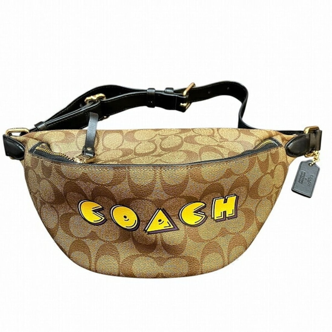 Coach x Pac-Man Collaboration Signature Waist Bag F72910 (Unisex Accessories): --- Catalog ---Category: SizeSize (HxWxD): 15.5cm x 30cm x 10cm / 6.1'' x 11.81'' x 3.93''Category: DesignType: Fanny packColor: Black, BrownGender: Women,MenMaterial: Signature line , PVC Category: G