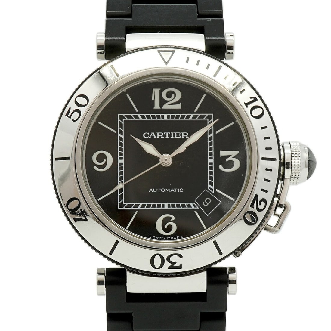 Cartier Pasha Seatimer Date W31077U2 Black Dial Men's Watch: --- Catalog ---Category: SizeWrist Size: 13.5cm / 5.31''Case Diameter: 40.5mm / 1.59''Category: DesignType: WristwatchGender: MenColor (Dial): BlackMaterial (Band): Rubber, Stainless steelCategory: Ge