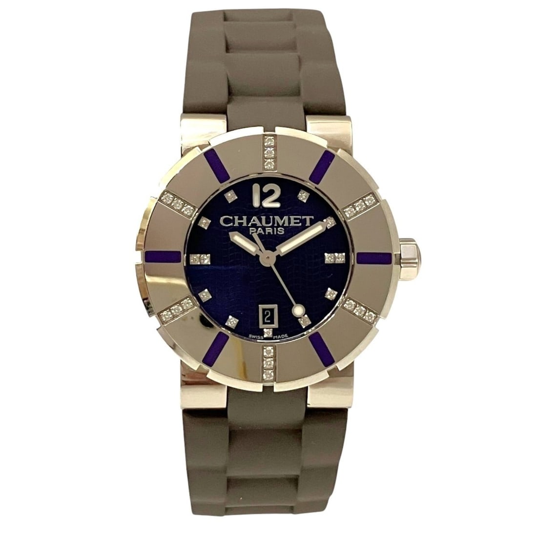 Chaumet Class One wristwatch, total weight 78g, stainless steel, rubber strap, quartz movement,: --- Catalog ---Category: SizeWrist Size: 14cm / 5.51''Case Diameter: 33mm / 1.3''Category: DesignType: WristwatchGender: Men,WomenColor (Dial): PurpleMaterial (Band): RubberMaterial (Case): Stainless 