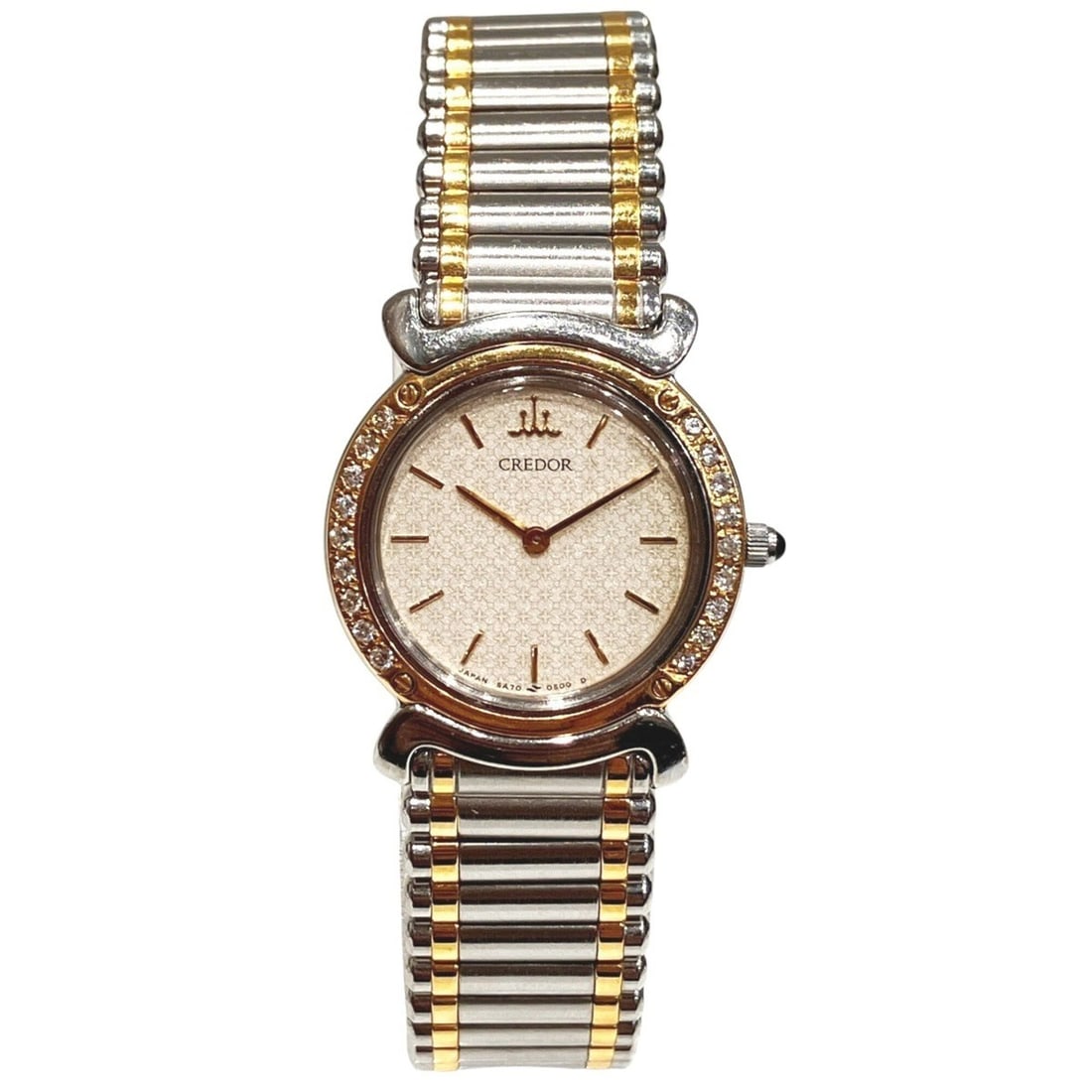 Seiko Credor watch, total weight 48.2g, stainless steel, quartz movement, gold dial, model number: --- Catalog ---Category: SizeWrist Size: 16cm / 6.29''Case Diameter: 23mm / 0.91''Category: DesignType: WristwatchGender: Men,WomenColor (Dial): GoldMaterial (Band): Gold (18K), Stainless steelMateria