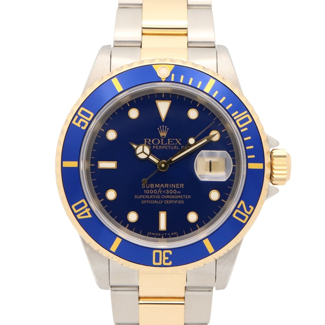 Rolex Submariner U-serial watch, 18K (yellow gold) stainless steel, men's, blue tint, 16613: --- Catalog ---Category: SizeWrist Size: 18.5cm / 7.28''Case Diameter: 40mm / 1.57''Category: DesignType: WristwatchGender: MenColor (Dial): BlueMaterial (Band): Stainless steel, Yellow gold (18K)Mate