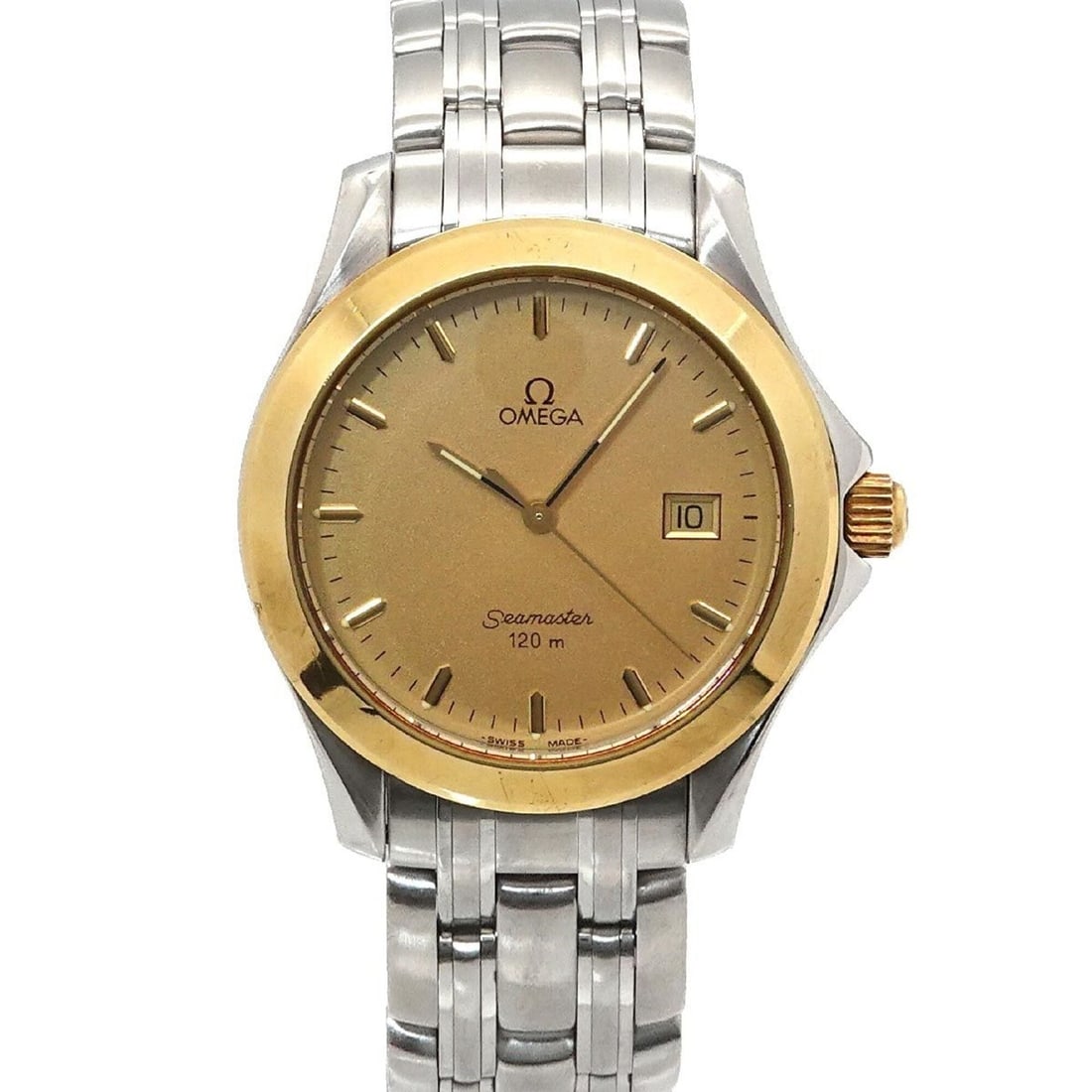 Omega Seamaster 120 Two-Tone Men's Watch, Date, Gold (YG), Yellow Gold, Quartz Watch: --- Catalog ---Category: SizeWrist Size: 15cm / 5.9''Case Diameter: 36mm / 1.42''Category: DesignType: WristwatchGender: MenColor (Dial): GoldMaterial (Band): Stainless steel, Yellow goldMaterial (Cas