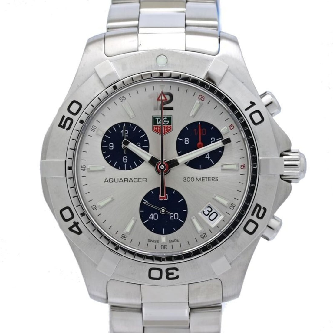 TAG Heuer Aquaracer Chronograph CAF1111.BA0803 Men's Watch Stainless Steel 40592: --- Catalog ---Category: SizeWrist Size: 20.5cm / 8.07''Case Diameter: 43mm / 1.69''Category: DesignType: WristwatchGender: MenColor (Dial): SilverMaterial (Band): Stainless steelMaterial (Case): Stai