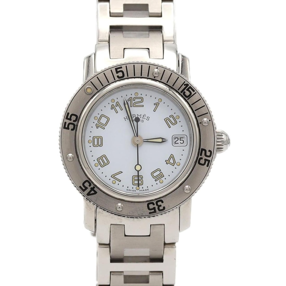 Hermes Clipper Diver CL5.210 SS Quartz Watch: --- Catalog ---Category: SizeWrist Size: 17cm / 6.69''Case Diameter: 28mm / 1.1''Category: DesignType: WristwatchGender: WomenColor (Dial): WhiteMaterial (Band): Stainless steelMaterial (Case): Stainl