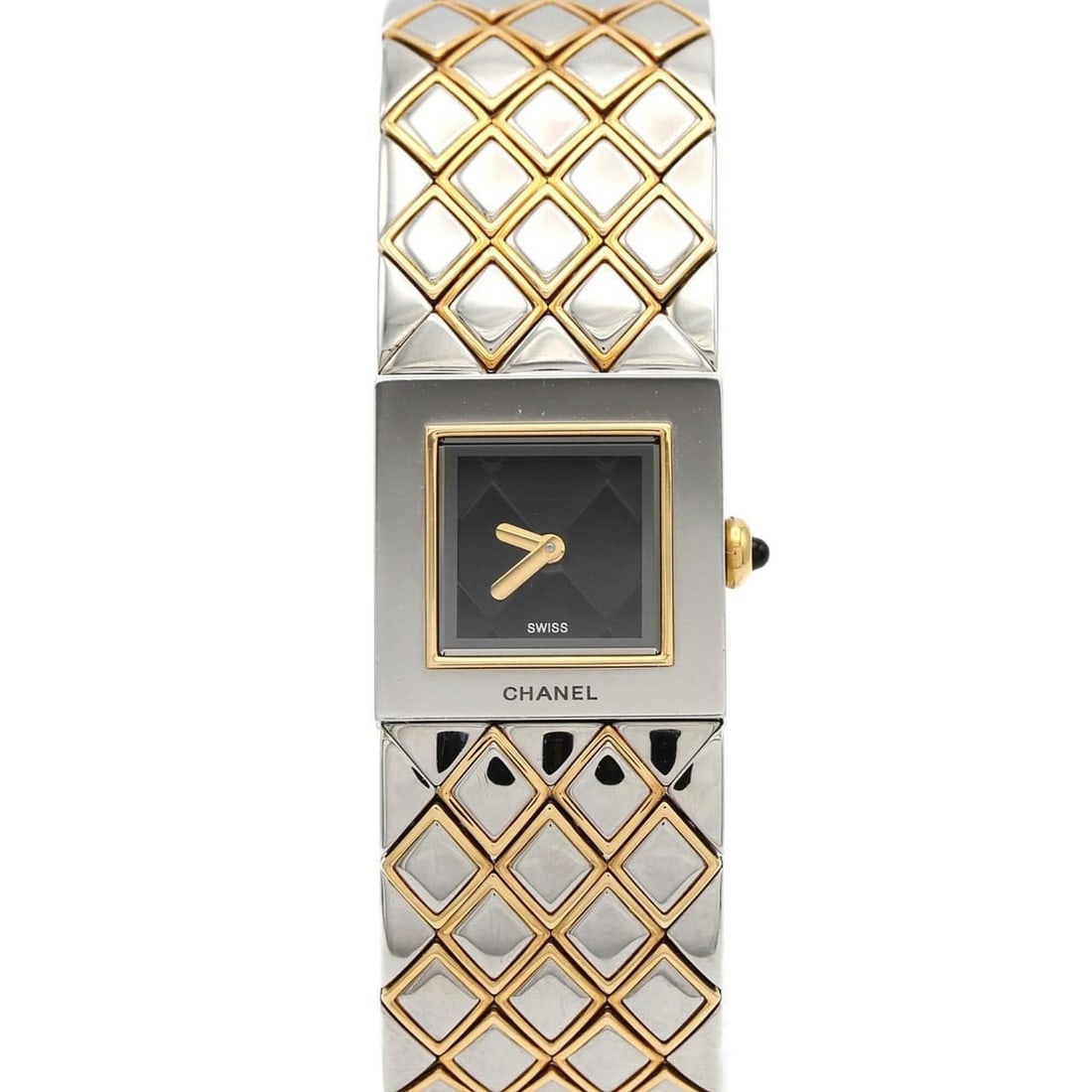 Chanel Matelassé Combination H0475 SSxYG Quartz Watch: --- Catalog ---Category: SizeWrist Size: 16cm / 6.29''Case Diameter: 19mm / 0.75''Category: DesignType: WristwatchGender: WomenColor (Dial): BlackMaterial (Band): Stainless steel, Yellow goldMaterial 