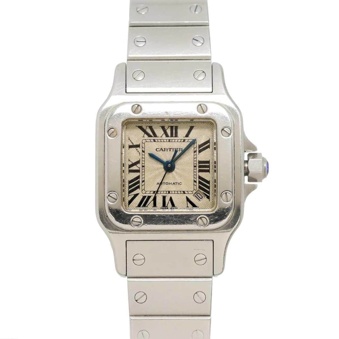 Cartier Santos Galbee SM W20054D6 Ladies' Watch, Silver, Guilloché, Date, Automatic Movement: --- Catalog ---Category: SizeWrist Size: 14.5cm / 5.7''Case Diameter: 24mm / 0.94''Category: DesignType: WristwatchGender: WomenColor (Dial): SilverMaterial (Band): Stainless steelMaterial (Case): Sta