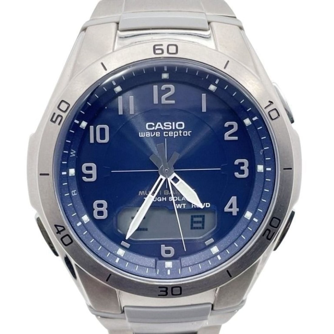 CASIO Wave Ceptor Solar Combination Watch WVA-M640TD-2AJF Blue Silver Resin/Titanium Men's: --- Catalog ---Category: SizeWrist Size: 22cm / 8.66''Case Diameter: 43.5mm / 1.71''Category: DesignType: WristwatchGender: MenColor (Dial): BlueMaterial (Band): TitaniumMaterial (Case): TitaniumCateg