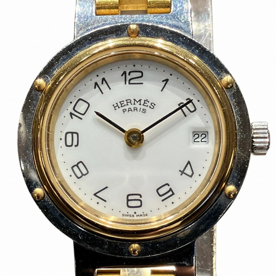 Hermes Clipper watch, total weight 36.6g, stainless steel, quartz movement, white dial.: --- Catalog ---Category: SizeWrist Size: 15cm / 5.9''Case Diameter: 24mm / 0.94''Category: DesignType: WristwatchGender: WomenColor (Dial): WhiteMaterial (Band): Stainless steelMaterial (Case): Stainl