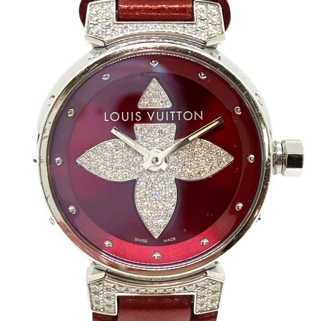 Louis Vuitton Tambour Forever watch with diamond lugs, total weight 36.5g, stainless steel, genuine: --- Catalog ---Category: SizeWrist Size: 13cm - 16cm / 5.11'' - 6.29''Case Diameter: 28mm / 1.1''Category: DesignType: WristwatchGender: WomenColor (Dial): Red colorMaterial (Band): LeatherMaterial (C