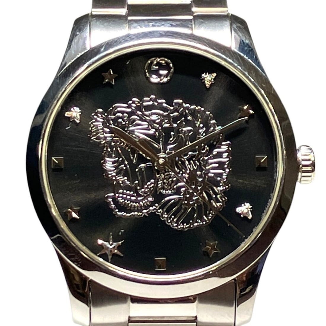 Gucci G-Timeless watch, total weight 99g, stainless steel, quartz movement, black dial, 126.4: --- Catalog ---Category: SizeWrist Size: 15.5cm / 6.1''Case Diameter: 38mm / 1.5''Category: DesignType: WristwatchGender: MenColor (Dial): BlackMaterial (Band): Stainless steelMaterial (Case): Stainle