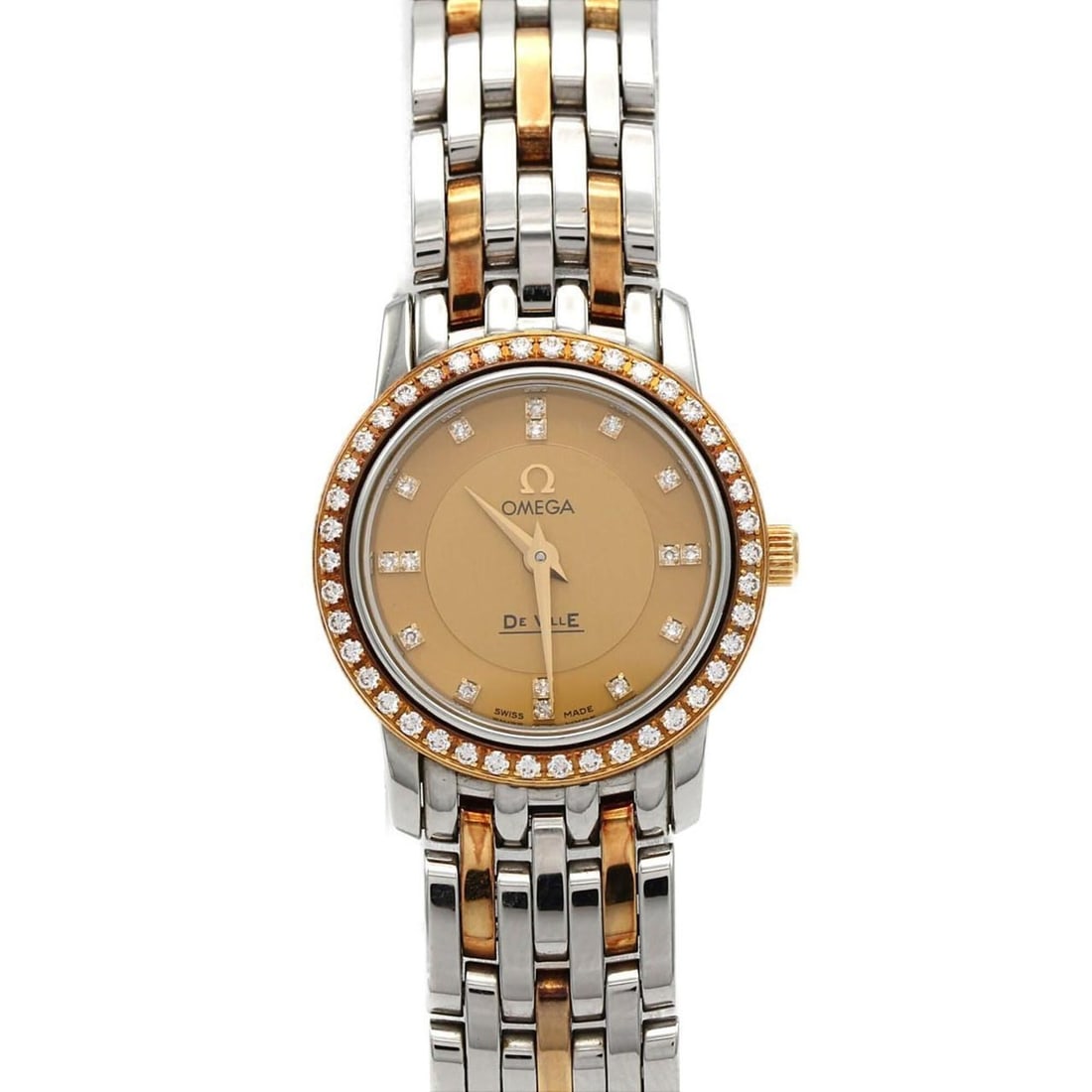 Omega De Ville Prestige Combination D-16P 413.25.22.60.58.001 SSxYG Quartz Watch: --- Catalog ---Category: SizeWrist Size: 16cm / 6.29''Case Diameter: 22mm / 0.87''Category: DesignType: WristwatchGender: WomenColor (Dial): GoldMaterial (Band): Stainless steel, Yellow goldMaterial (