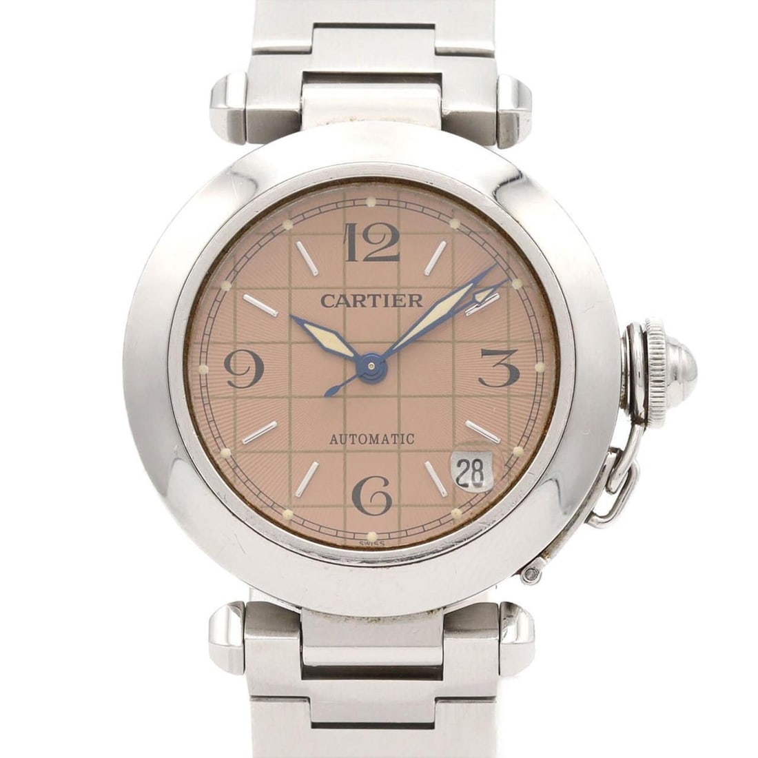 Cartier Pasha C W31024M7 Stainless Steel Automatic Watch: --- Catalog ---Category: SizeWrist Size: 16cm / 6.29''Case Diameter: 35mm / 1.38''Category: DesignType: WristwatchGender: Men,WomenColor (Dial): PinkMaterial (Band): Stainless steelMaterial (Case): St