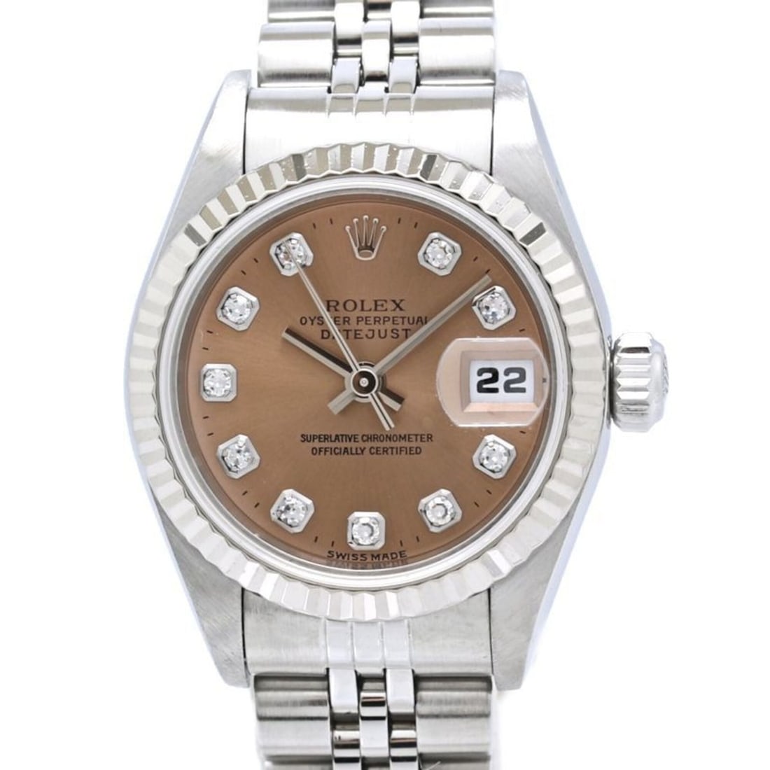 ROLEX Datejust 10P Diamond 69174G Women's Watch SSx18KWG 40583: --- Catalog ---Category: SizeWrist Size: 17.5cm / 6.88''Case Diameter: 26mm / 1.02''Category: DesignType: WristwatchGender: WomenColor (Dial): PinkMaterial (Band): Stainless steel, White gold (18K)Mat
