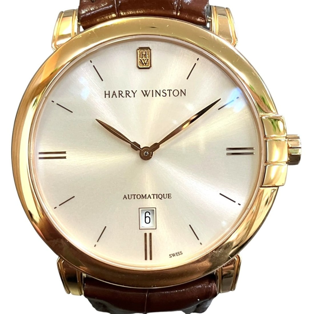 Harry Winston Midnight Date Watch, Total Weight 79.8g, 18K Gold, Genuine Leather Strap, Automatic: --- Catalog ---Category: SizeWrist Size: 13cm - 20cm / 5.11'' - 7.87''Case Diameter: 42mm / 1.65''Category: DesignType: WristwatchGender: MenColor (Dial): SilverMaterial (Band): LeatherMaterial (Case)