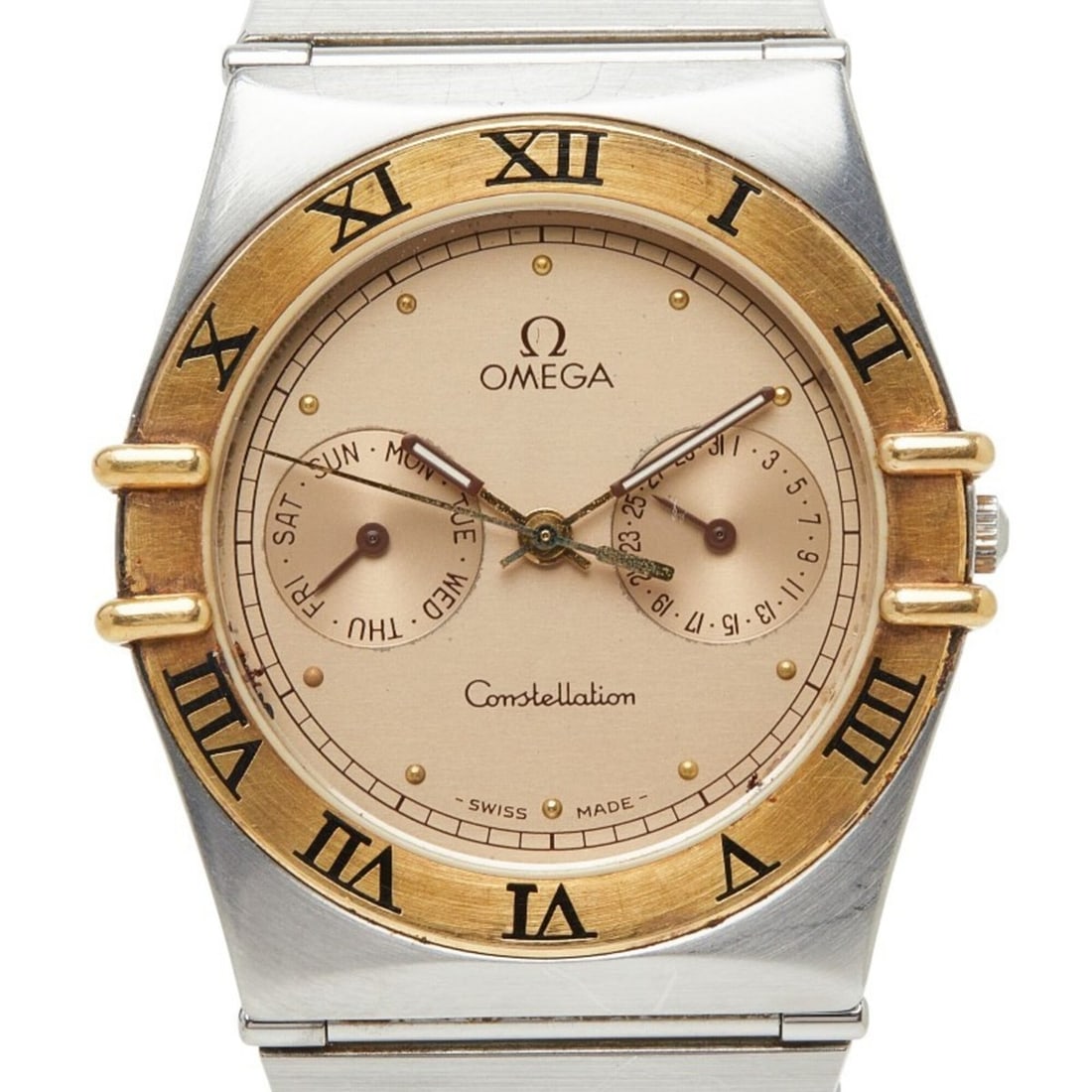 Omega Constellation Day-Date Watch 396.1070 Quartz Gold Dial Stainless Steel Solid Men's OMEGA: --- Catalog ---Category: SizeWrist Size: 16.5cm / 6.49''Case Diameter: 32.5mm / 1.28''Category: DesignType: WristwatchGender: MenColor (Dial): GoldMaterial (Band): Gold, Stainless steelMaterial (Case)