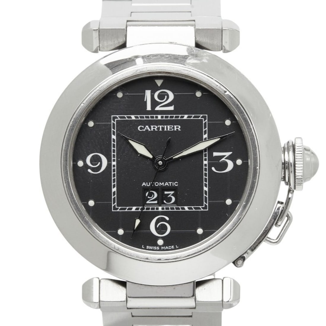 Cartier Pasha C Big Date Watch W31053M7 Automatic (with manual winding) Black Dial Stainless Steel: --- Catalog ---Category: SizeWrist Size: 13.5cm / 5.31''Case Diameter: 35.6mm / 1.4''Category: DesignType: WristwatchGender: WomenColor (Dial): BlackMaterial (Band): Stainless steelMaterial (Case): St
