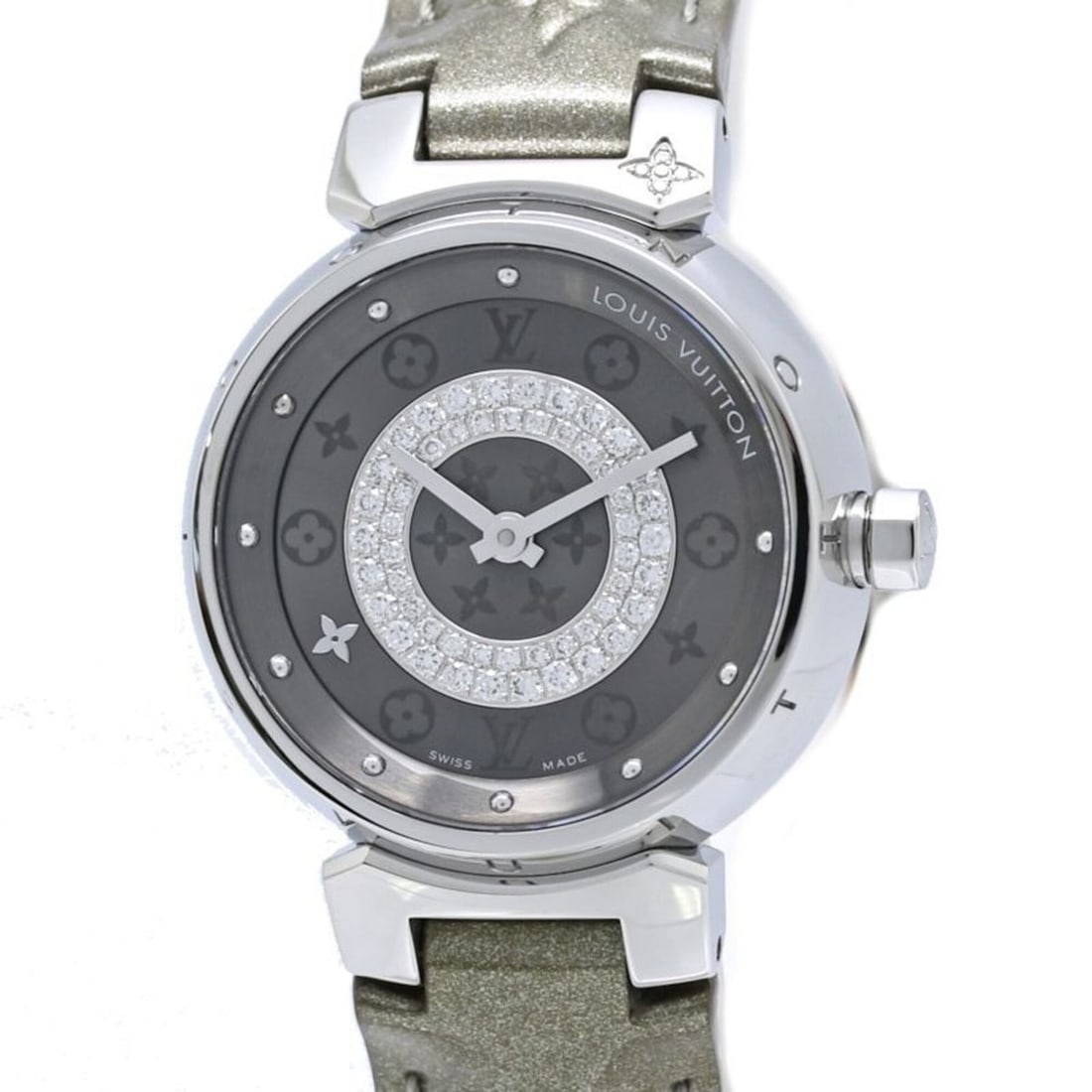 LOUIS VUITTON Tambour Disc PM Diamond Q12MU0 Women's Watch 40564: --- Catalog ---Category: SizeWrist Size: 17cm / 6.69''Case Diameter: 28mm / 1.1''Category: DesignType: WristwatchGender: WomenColor (Dial): GrayMaterial (Case): Stainless steelCategory: GeneralMPN: Q1
