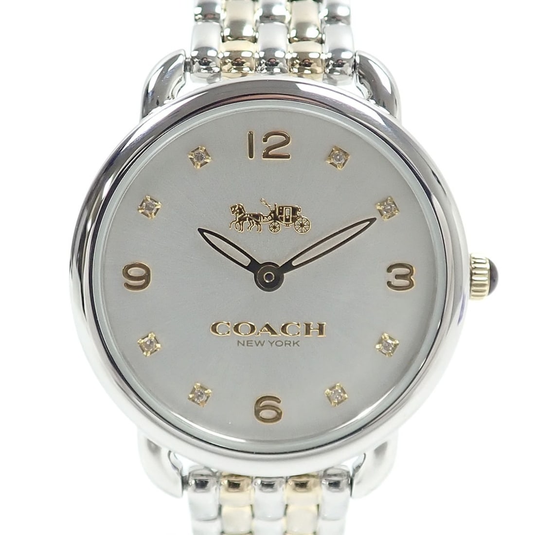 Coach Delancey Women's Quartz Watch, Stainless Steel, CA114.7.14.1415, Battery Operated: --- Catalog ---Category: SizeWrist Size: 15cm / 5.9''Case Diameter: 28mm / 1.1''Category: DesignType: WristwatchGender: WomenColor (Dial): WhiteMaterial (Band): Gold plated, Stainless steelMaterial (C