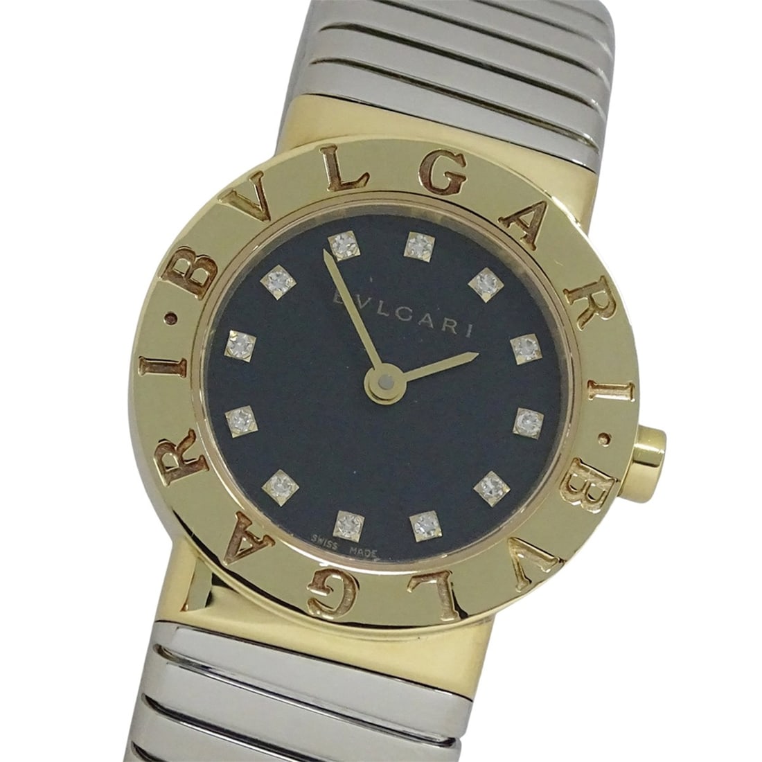 Bulgari BVLGARI Women's Watch, Brand: Tubogas, 12-Diamond Quartz Movement, 750YG (Yellow Gold) and: --- Catalog ---Category: SizeWrist Size: 16cm / 6.29''Case Diameter: 23mm / 0.91''Category: DesignType: WristwatchGender: WomenColor (Dial): BlackMaterial (Band): Gold (18K), Stainless steel, Yellow g