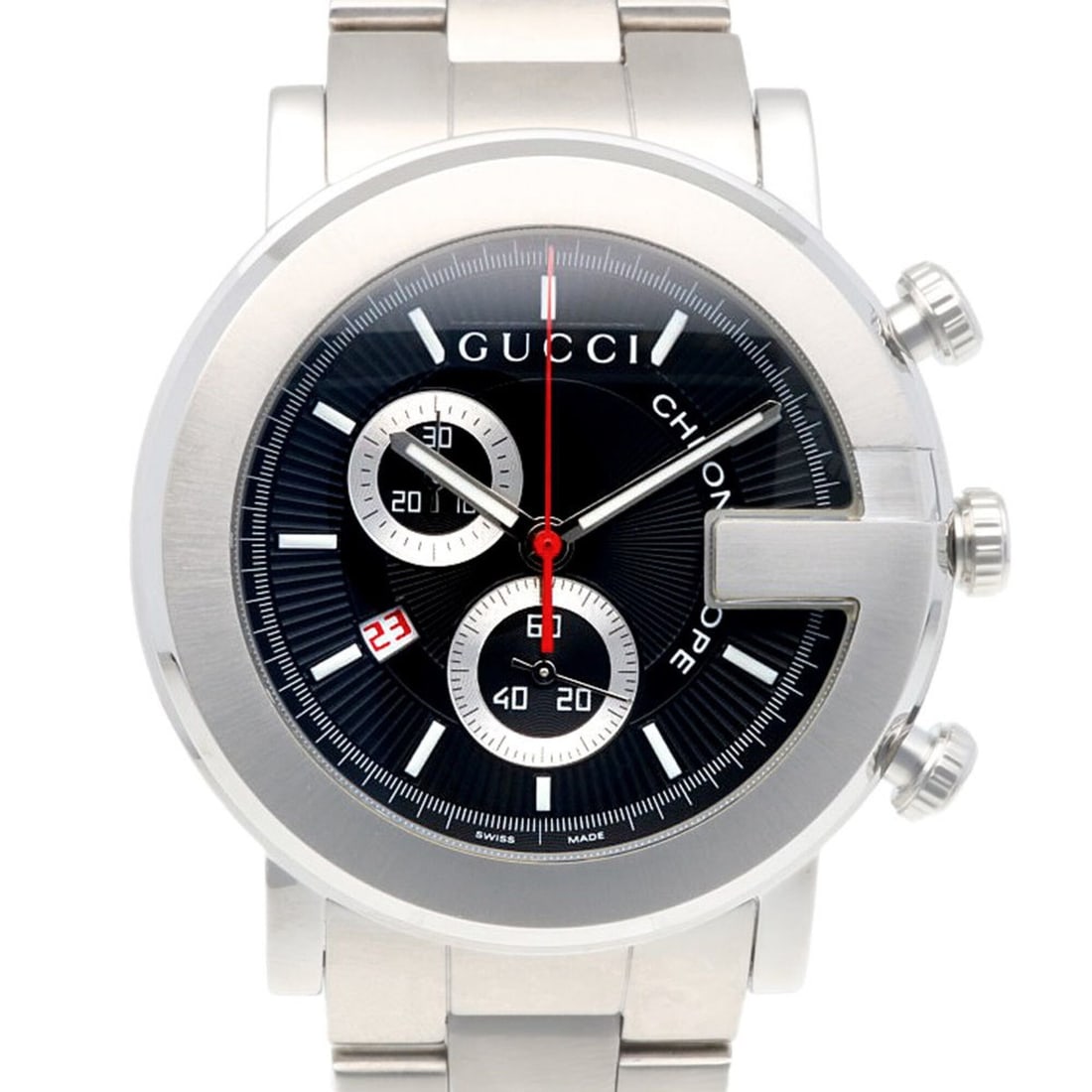 Gucci G-Chrono Watch, Stainless Steel 101M Quartz, Polished, Men's, Chronograph.: --- Catalog ---Category: SizeWrist Size: 19cm / 7.48''Case Diameter: 43.5mm / 1.71''Category: DesignType: WristwatchGender: MenColor (Dial): BlackMaterial (Band): Stainless steelMaterial (Case): Stain