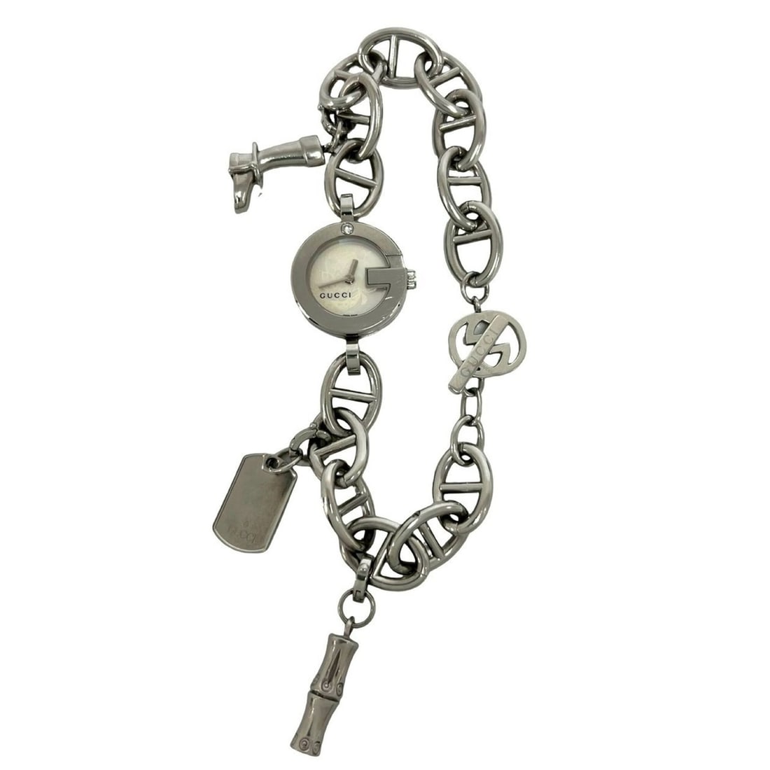 GUCCI Gucci Logo Charm Stainless Steel Quartz Wristwatch Silver 37369: --- Catalog ---Category: SizeWrist Size: 20cm / 7.87''Case Diameter: 21mm / 0.83''Category: DesignType: WristwatchGender: WomenMaterial (Band): Stainless steelMaterial (Case): Stainless steelCategory: