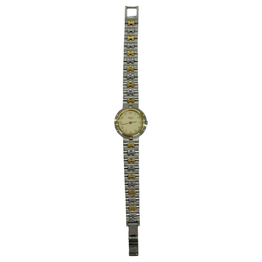 HERMES Vintage Clipper Stainless Steel GP Quartz Watch Silver 32954: --- Catalog ---Category: SizeWrist Size: 15.5cm / 6.1''Case Diameter: 14mm / 0.55''Category: DesignType: WristwatchGender: WomenMaterial (Band): Gold plated, Stainless steelMaterial (Case): Gold plate