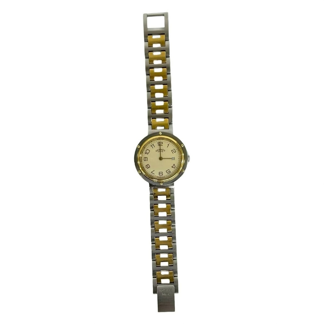HERMES Clipper Stainless Steel GP Quartz Wristwatch, Silver, 32943: --- Catalog ---Category: SizeWrist Size: 14.5cm / 5.7''Case Diameter: 30mm / 1.18''Category: DesignType: WristwatchGender: WomenMaterial (Band): Gold plated, Stainless steelMaterial (Case): Gold plate
