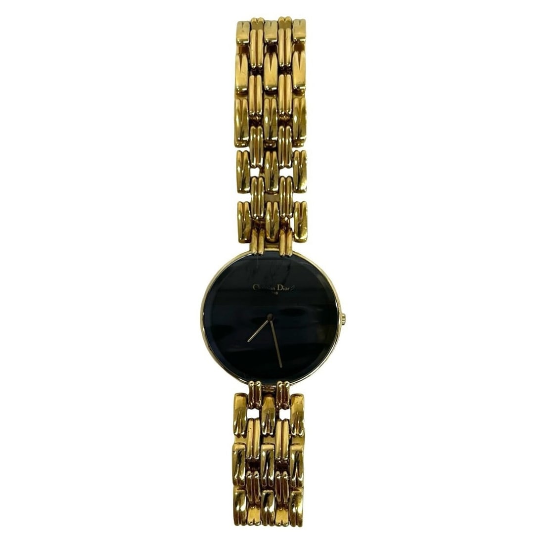 Christian Dior Vintage Baghira GP Quartz Watch Gold Black 38257: --- Catalog ---Category: SizeWrist Size: 17cm / 6.69''Case Diameter: 30mm / 1.18''Category: DesignType: WristwatchGender: WomenMaterial (Band): Gold platedMaterial (Case): Gold platedCategory: General