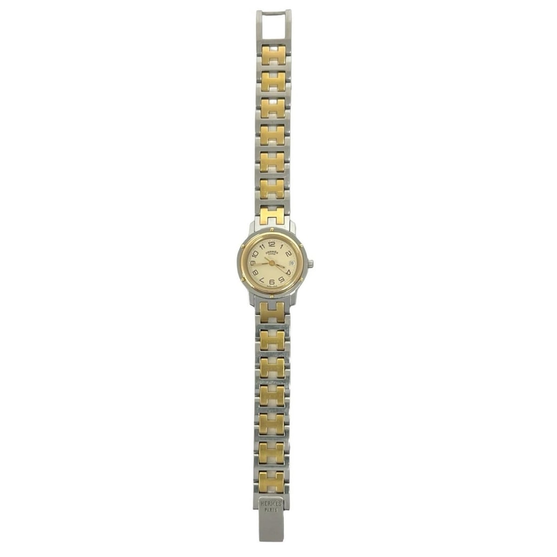 HERMES Clipper Stainless Steel GP Quartz Wristwatch, Silver/Gold, 23912: --- Catalog ---Category: SizeWrist Size: 16cm / 6.29''Case Diameter: 24mm / 0.94''Category: DesignType: WristwatchGender: WomenMaterial (Band): Gold plated, Stainless steelMaterial (Case): Gold plated