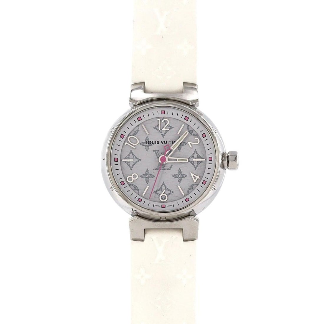 Louis Vuitton Tambour Monogram QA115 SS Quartz Watch: --- Catalog ---Category: SizeCase Diameter: 28mm / 1.1''Category: DesignType: WristwatchGender: WomenColor (Dial): WhiteMaterial (Band): RubberMaterial (Case): Stainless steelCategory: GeneralMPN: QA1
