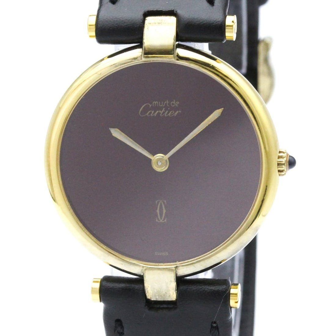 CARTIER Must Vendome Gold Plated Leather Quartz Unisex Watch 590003: --- Catalog ---Category: SizeCase Diameter: 30mm / 1.18''Category: DesignType: WristwatchStyle: Dress/FormalGender: UnisexColor (Dial): BordeauxMaterial (Band): LeatherMaterial (Case): Gold platedCate